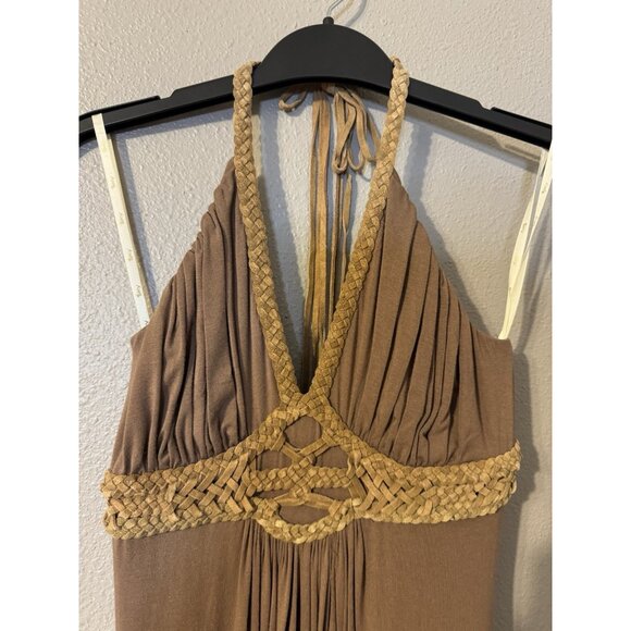 SKY Brand Maxi Dress M Soft Brown Suede Braid Trim Stretch Long NEW - Picture 10 of 12